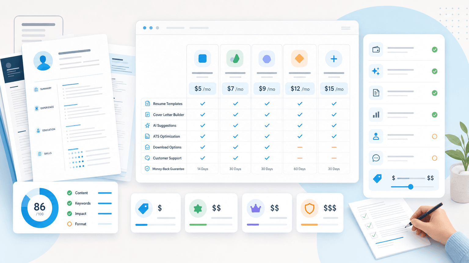 Affordable resume-builder comparison dashboard with pricing tiers, feature checkmarks, resume previews, and score cards.