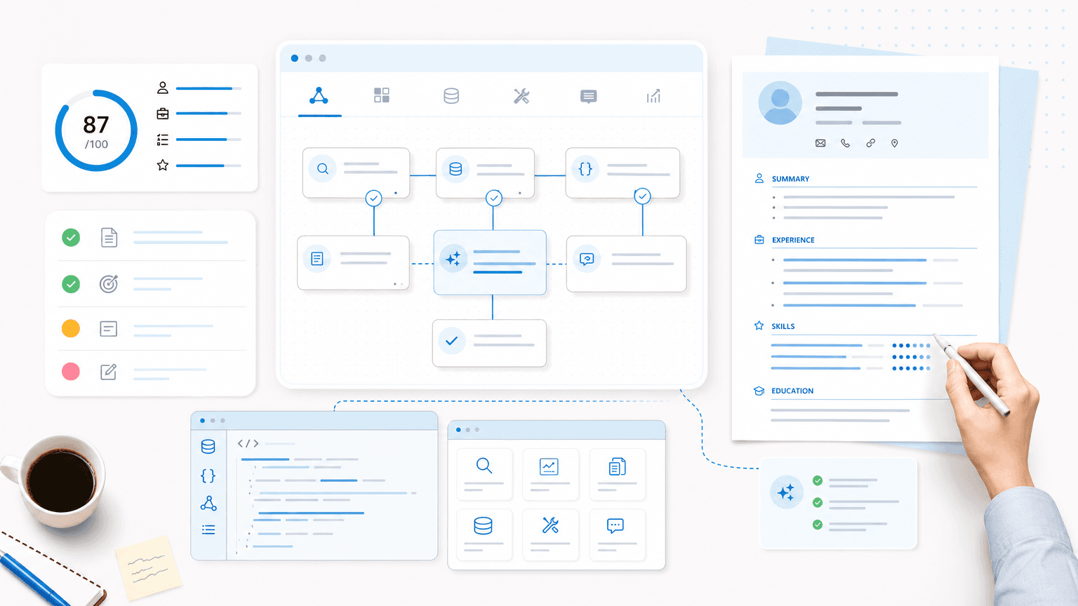 Clean resume dashboard showing an agentic AI workflow connected to resume scoring, skills, and orchestration panels.