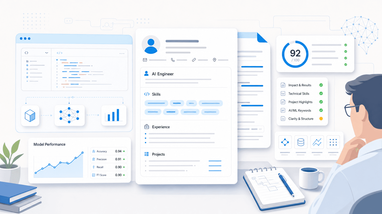 AI engineer resume workspace with code panels, model-performance metrics, skills chips, and resume review score cards.