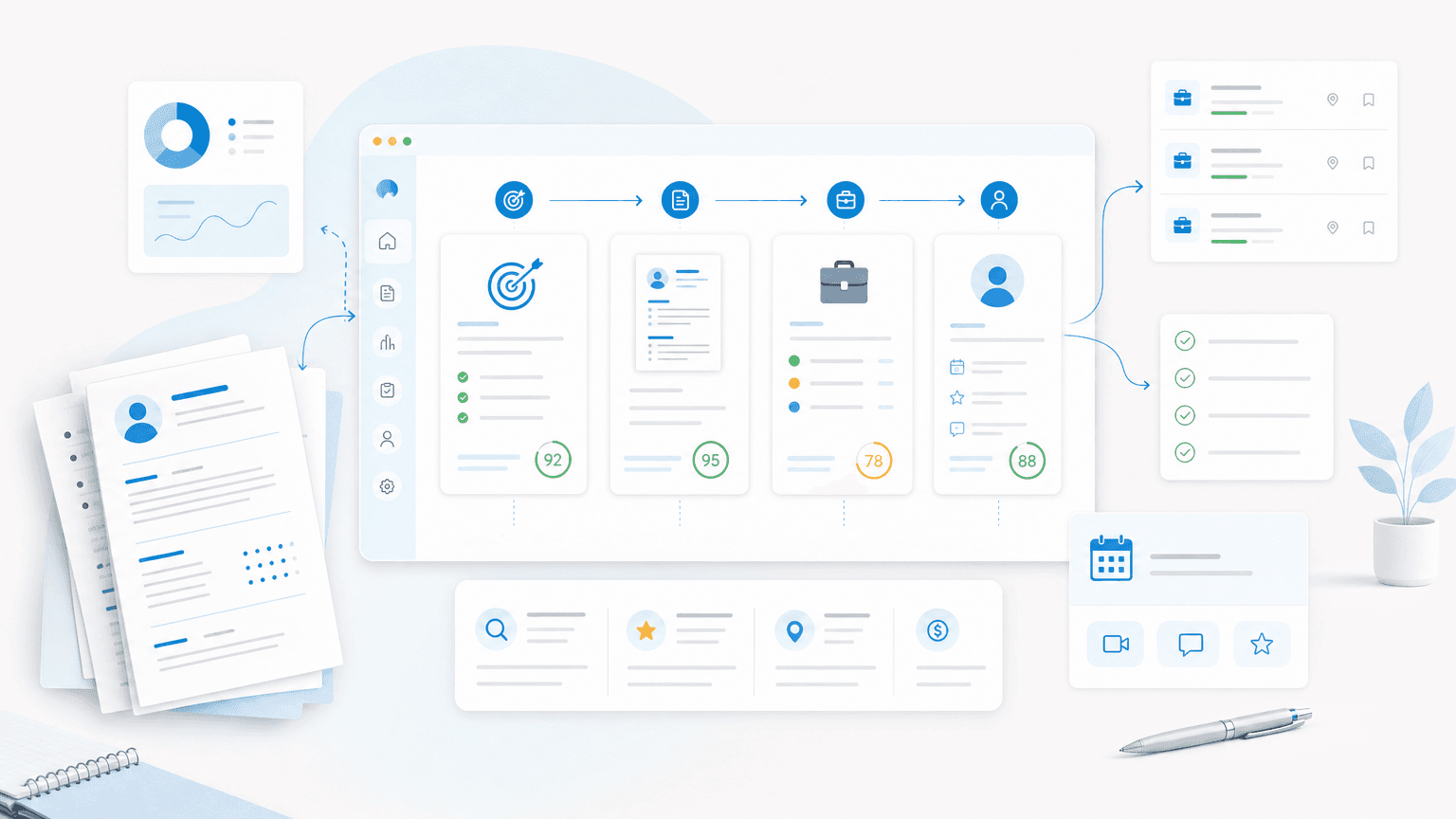AI job search dashboard showing resume tailoring, role matching, application tracking, and interview preparation cards.