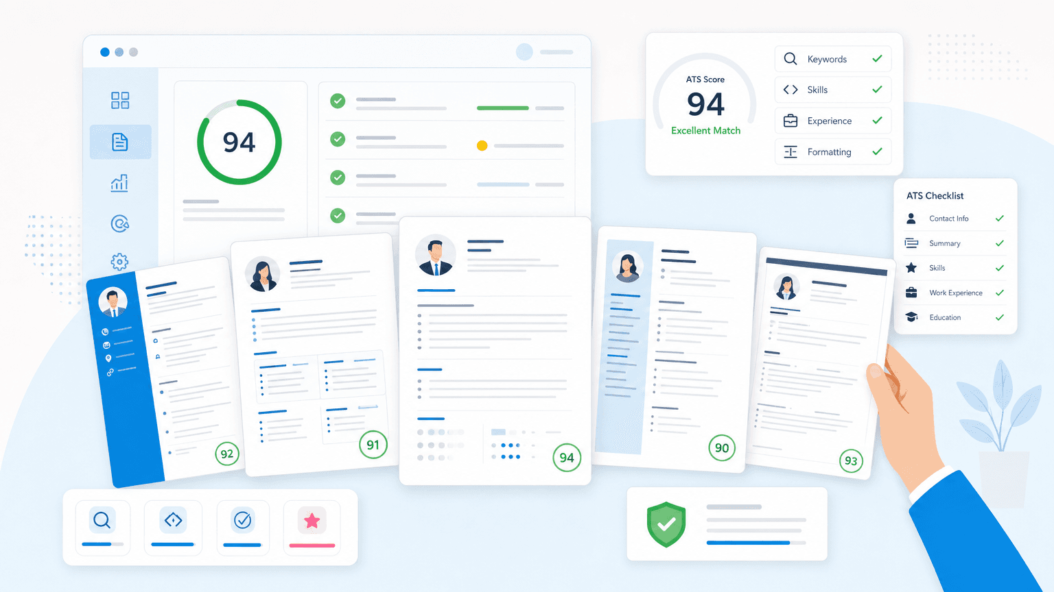 Multiple ATS-friendly resume templates are reviewed with score chips and checklist panels.