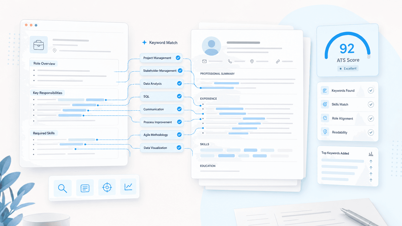 Job description keywords connect to matching resume sections with an ATS score and checklist.
