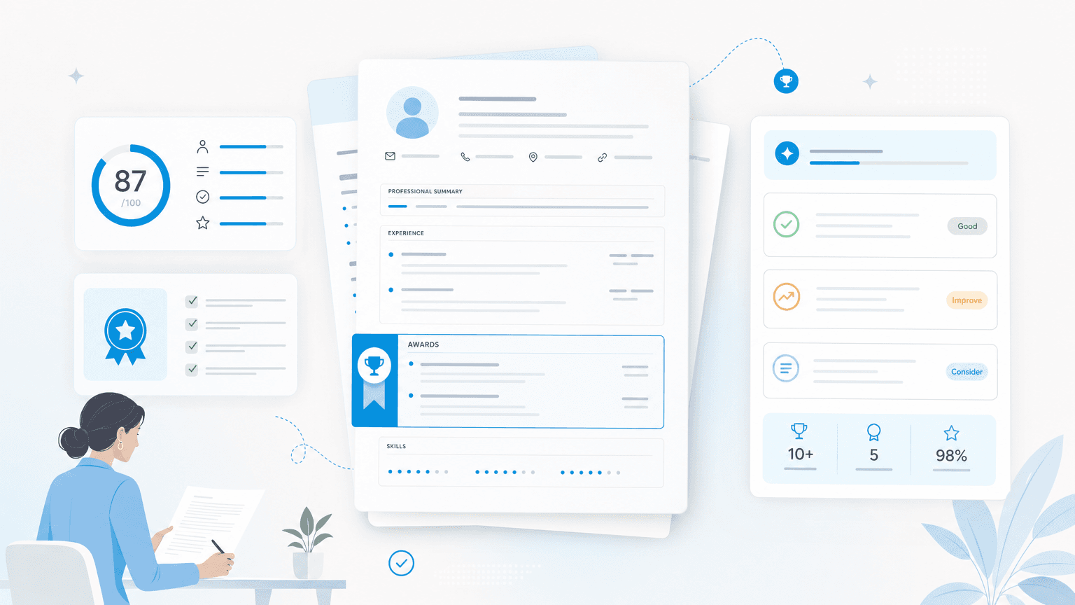 Resume awards section highlighted with a subtle blue trophy ribbon, achievement cards, and score panels.
