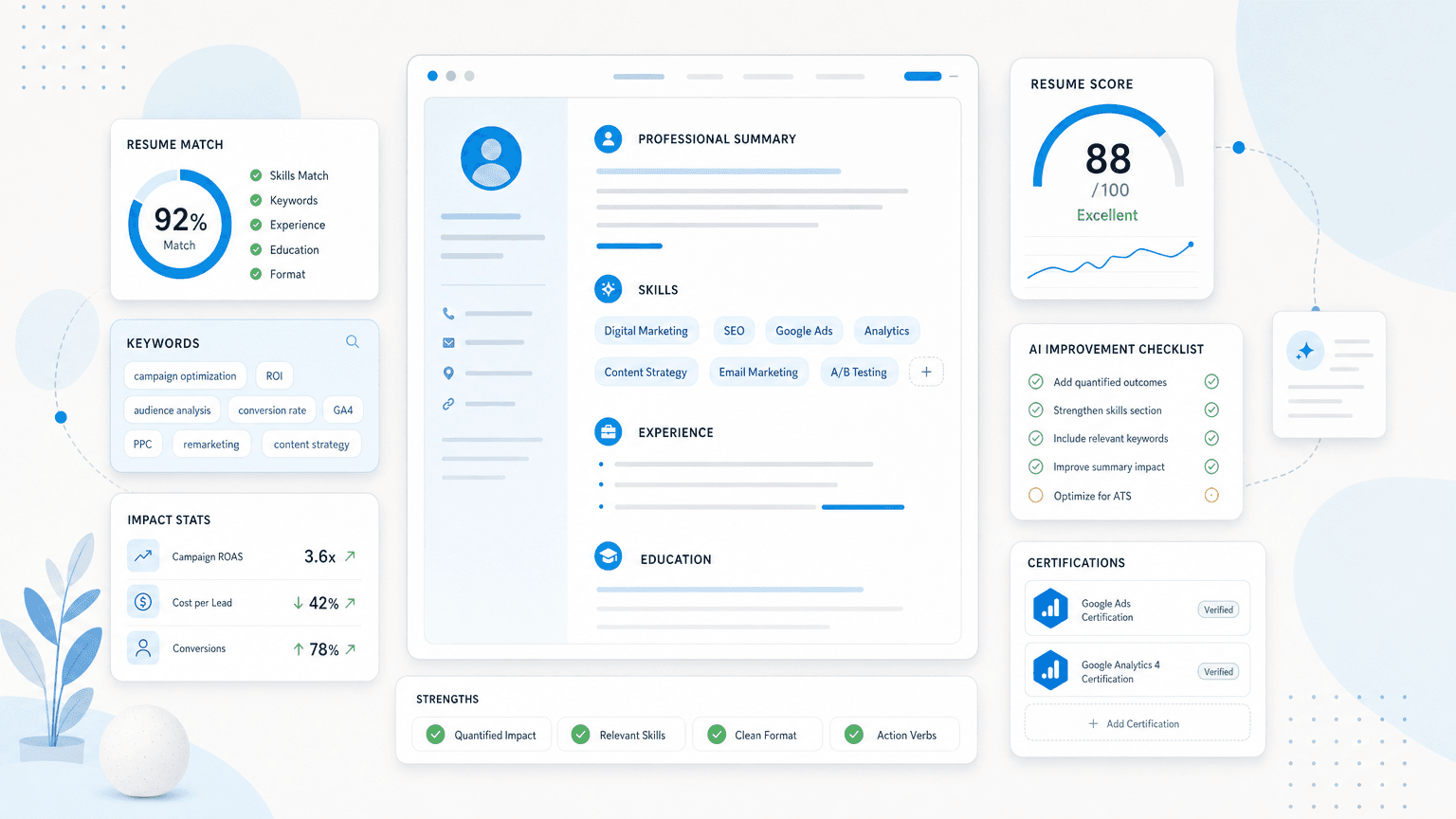 The Best ChatGPT Plugins for Job Seekers (2026 Picks) cover image showing a clean resume dashboard with certification cards, skills chips, outcome metrics, checklist modules.
