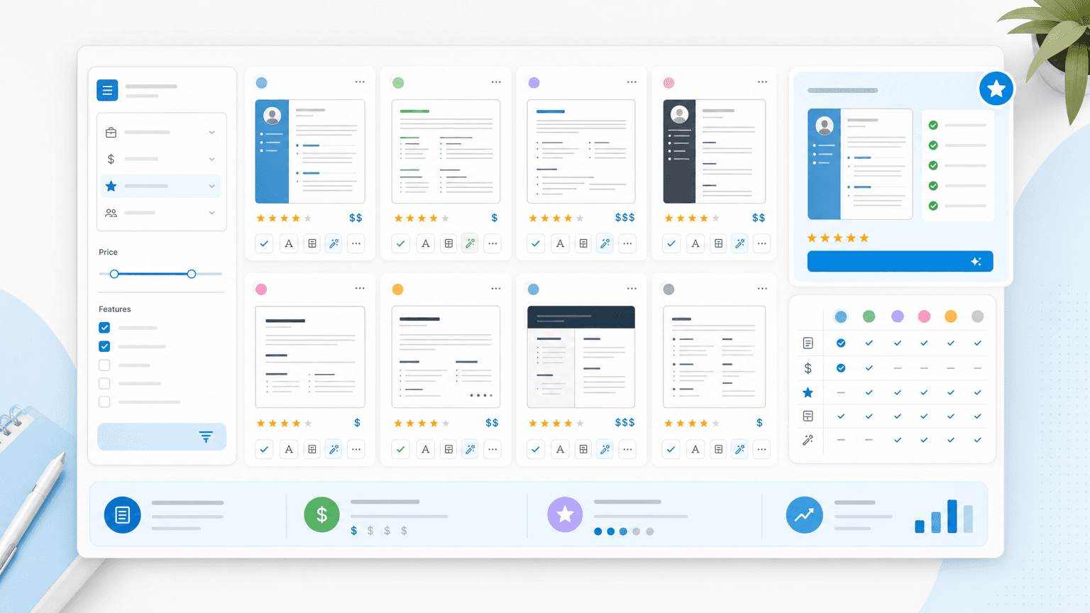 Resume builder comparison dashboard with template cards, pricing controls, feature checks, and a highlighted recommendation panel.