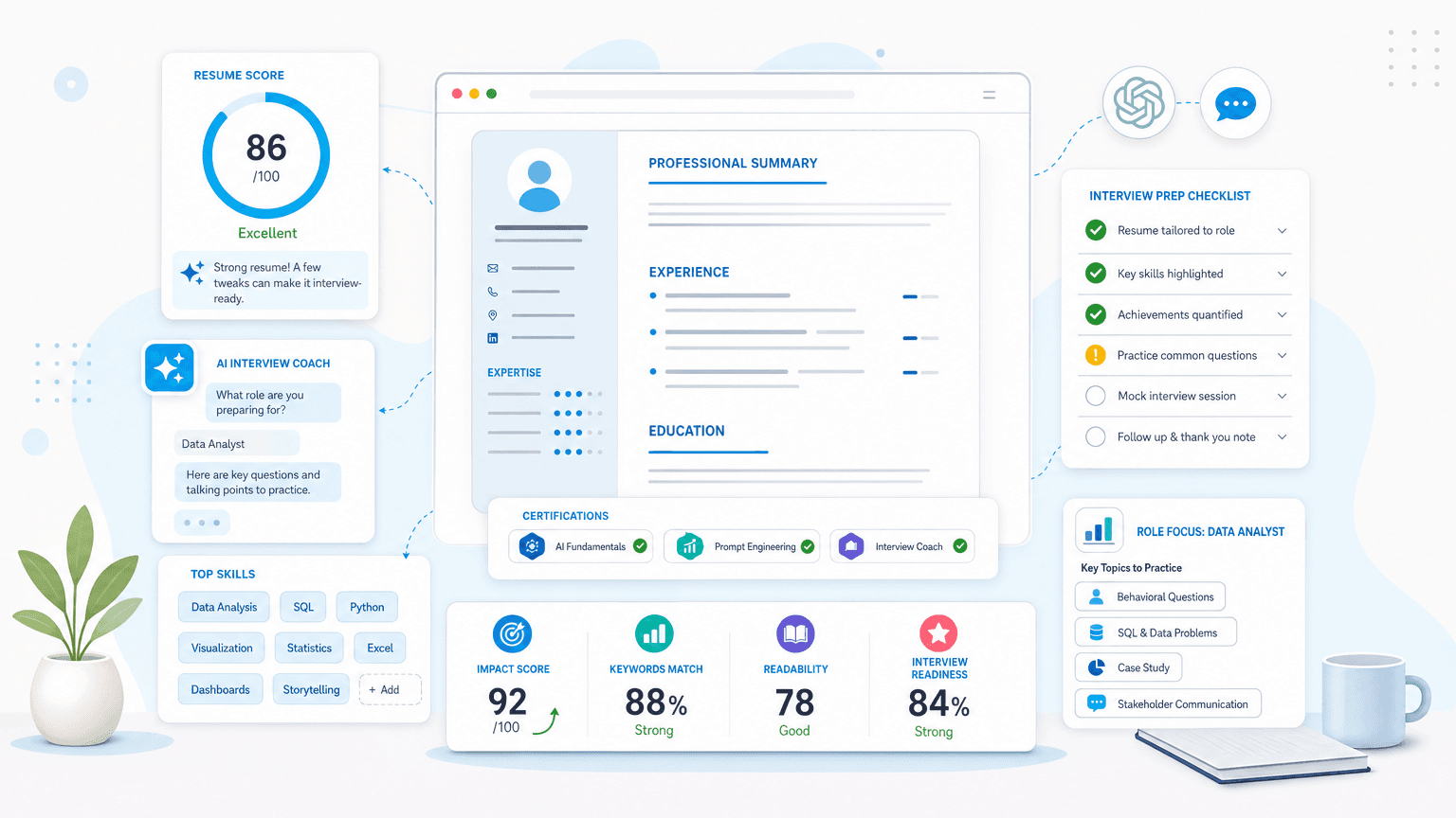 How to Use ChatGPT for Interview Prep (2026 Guide) cover image showing a clean resume dashboard with certification cards, skills chips, outcome metrics, checklist modules.