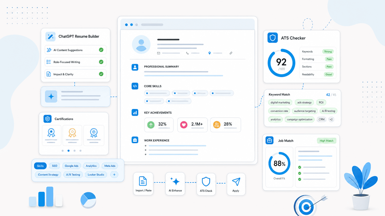 ChatGPT Resume Builder vs ATS Checker: Which You Need cover image showing a clean resume dashboard with certification cards, skills chips, outcome metrics, checklist modules.