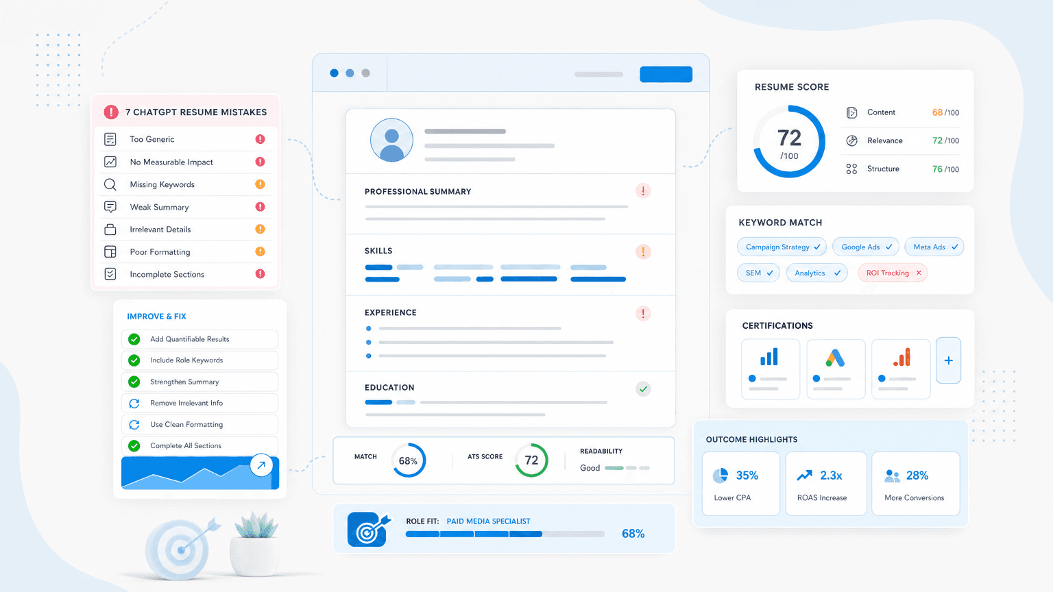 7 ChatGPT Resume Mistakes That Get You Rejected cover image showing a clean resume dashboard with certification cards, skills chips, outcome metrics, checklist modules.