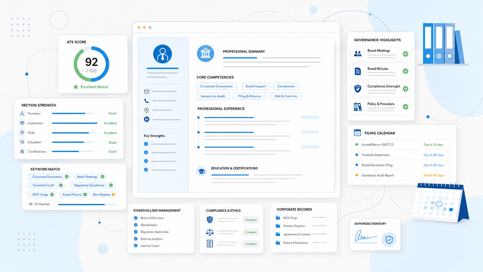 Company Secretary Resume Template and Examples cover image showing a clean resume dashboard with board-minute cards, compliance badges, filing calendar, stakeholder checklist.