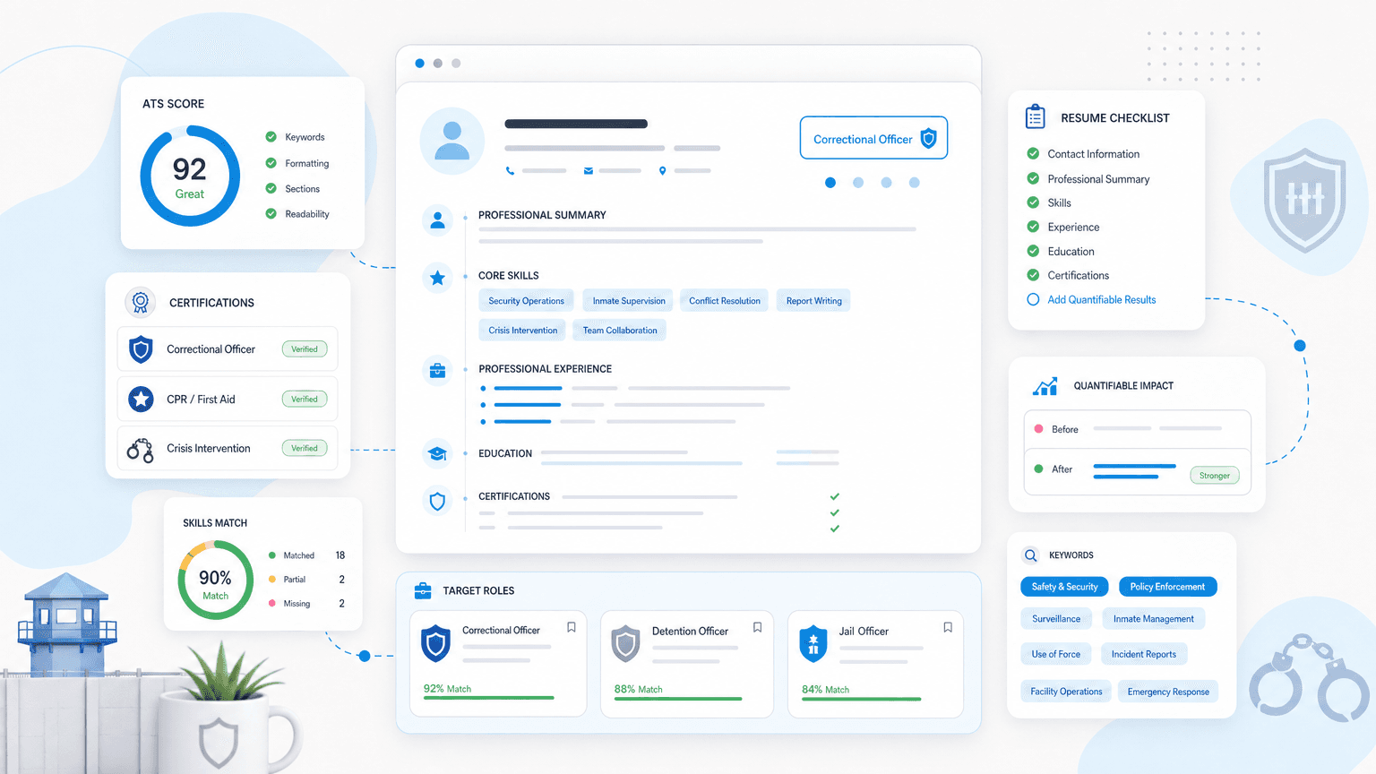 Correctional Officer Resume: How to Write One That Works cover image showing a clean resume dashboard with certification cards, skills chips, outcome metrics, checklist modules.