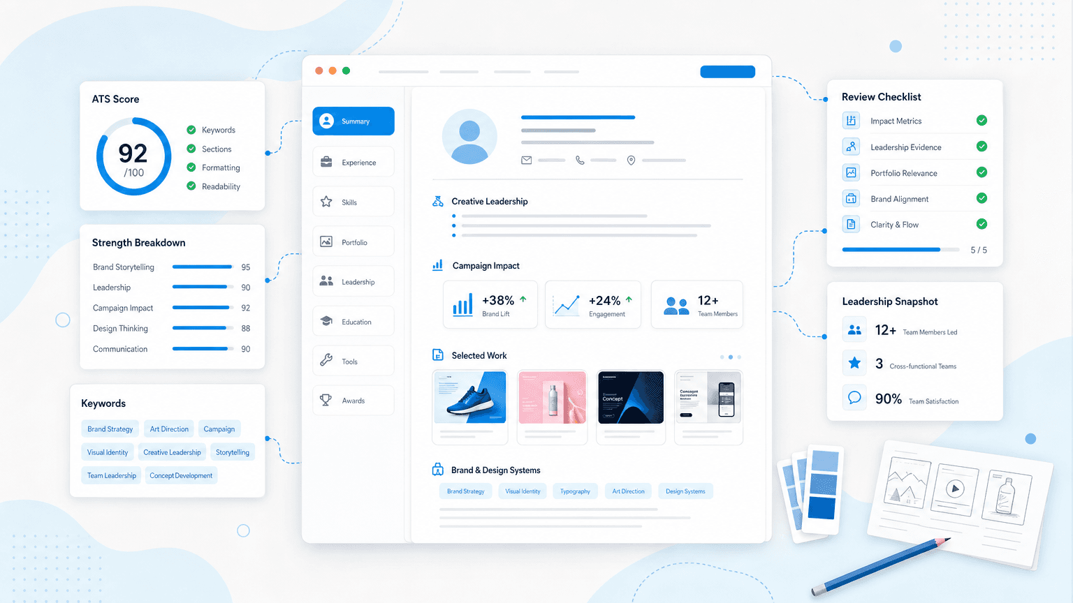 Creative Director Resume: How to Prove You're Ready cover image showing a clean resume dashboard with campaign impact cards, portfolio thumbnails, brand-system chips, team leadership metrics.