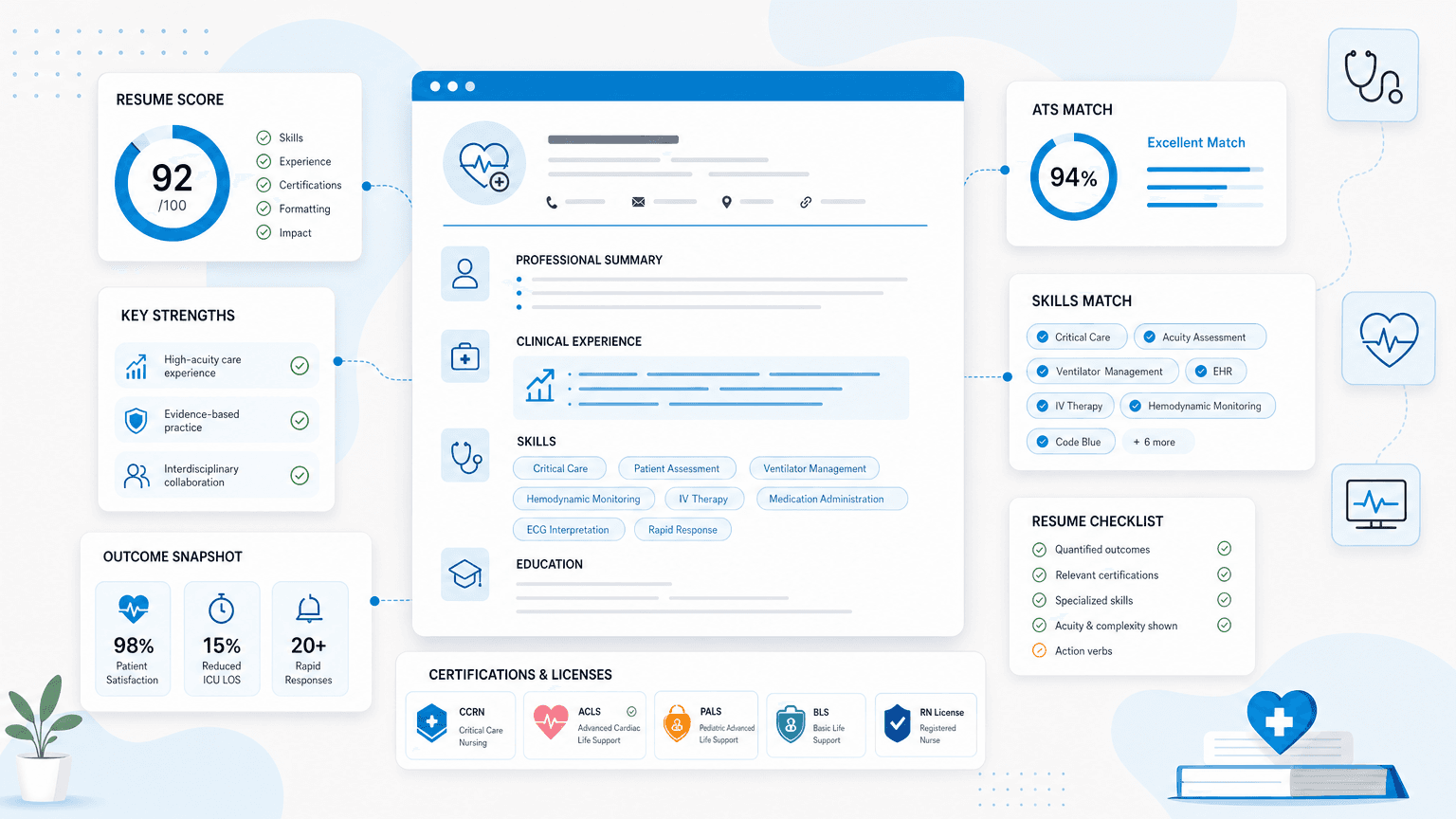 Critical Care Nurse Resume: How to Get Interviews cover image showing a clean resume dashboard with certification cards, skills chips, outcome metrics, checklist modules.