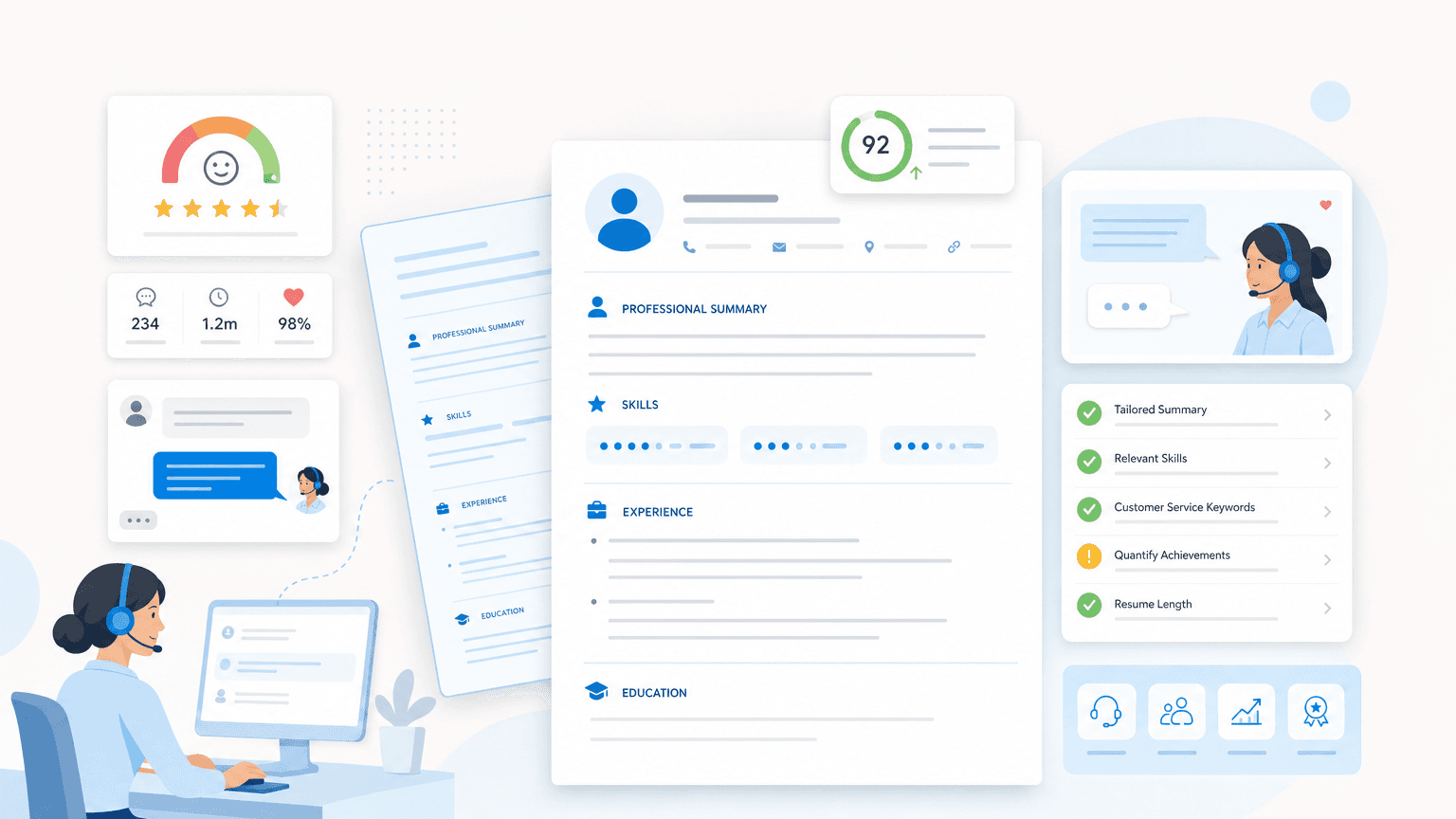 Clean resume dashboard for customer service resume examples showing support metrics, satisfaction scores, chat cues, and resume optimization checks.