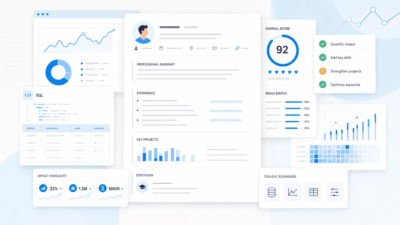 A clean resume analytics dashboard showing a candidate profile, resume score, SQL/data cards, charts, metrics, and optimization checklist.