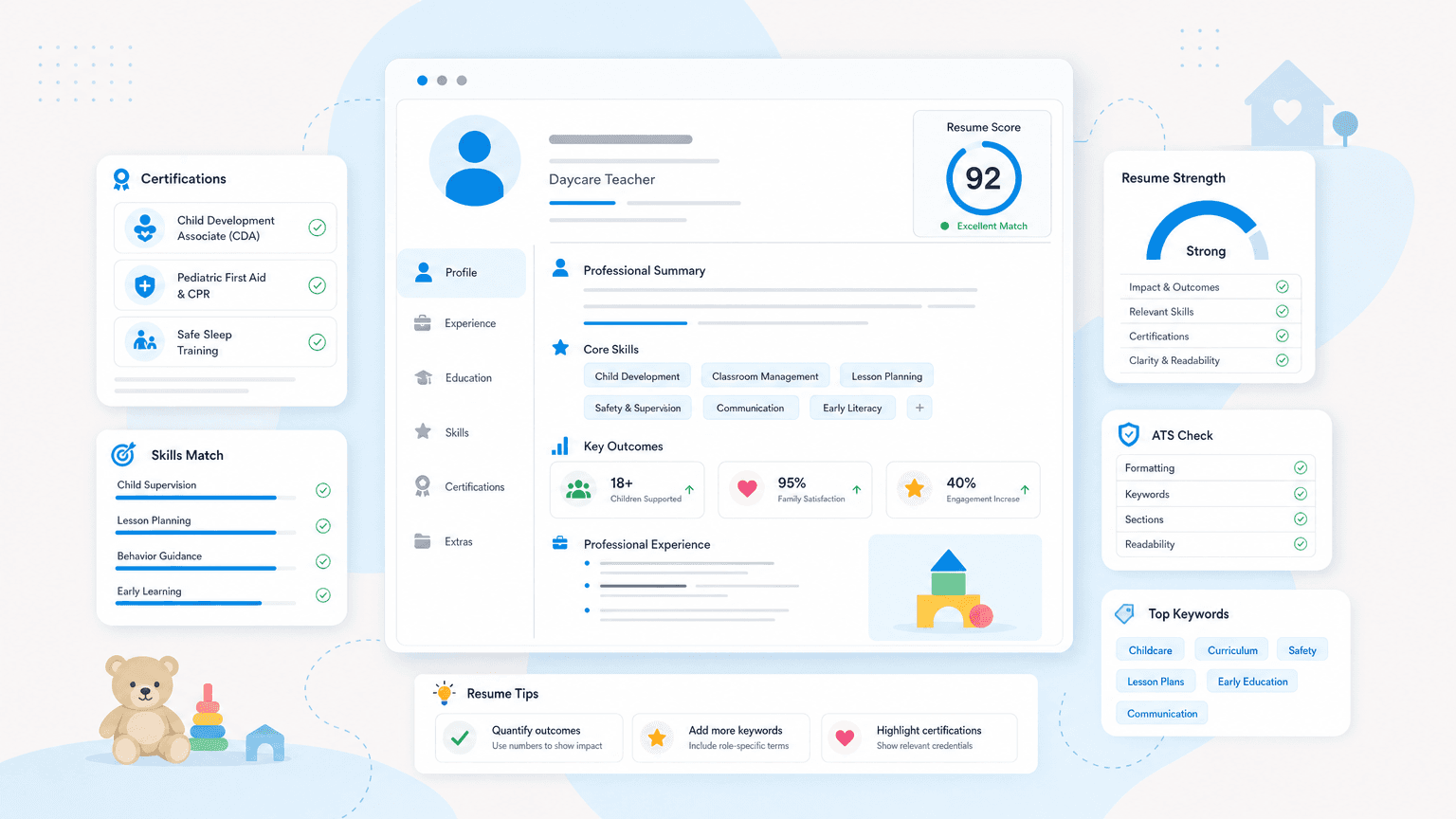 Daycare Teacher Resume: Tips and Examples for 2026 cover image showing a clean resume dashboard with certification cards, skills chips, outcome metrics, checklist modules.