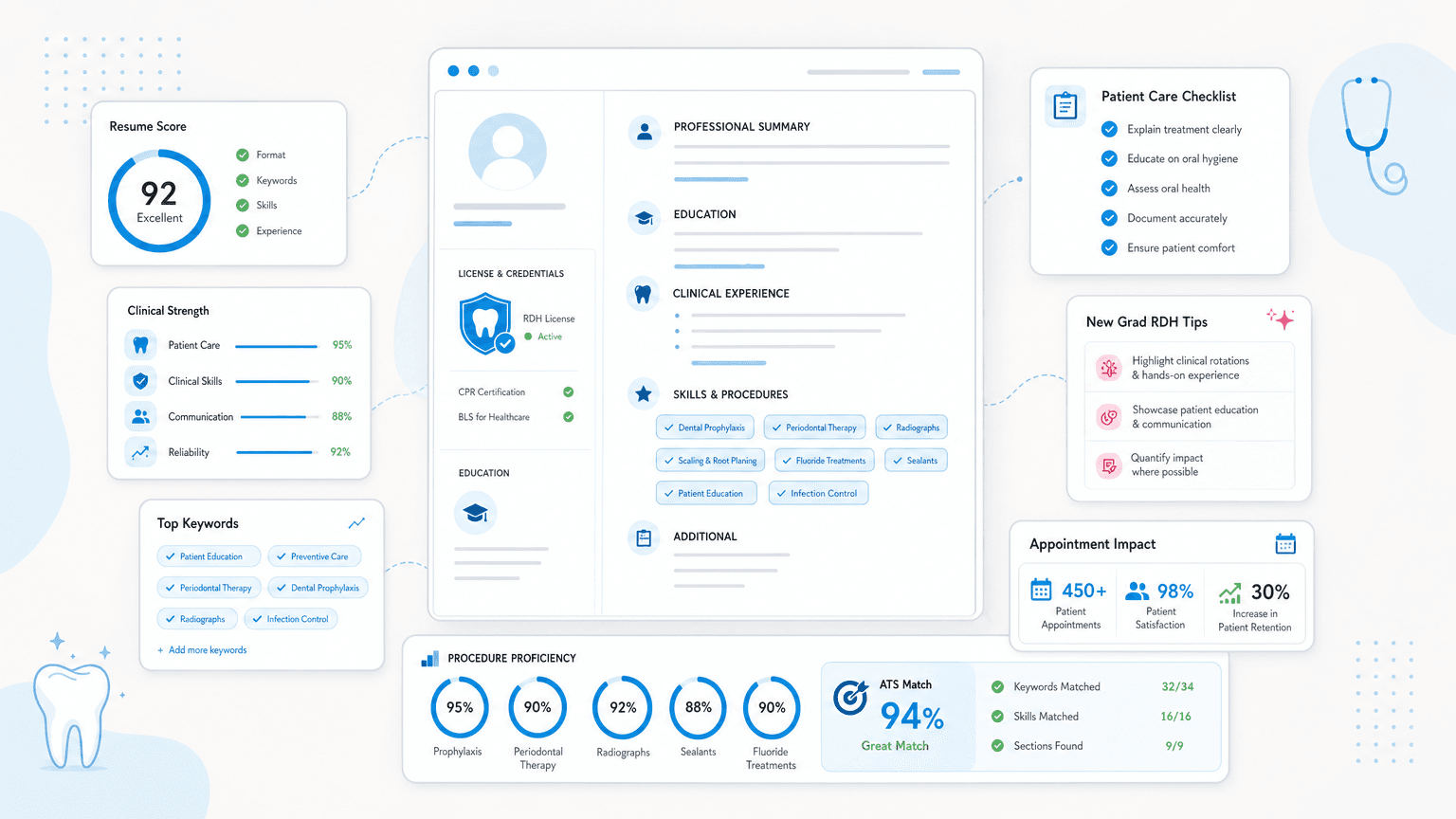 Dental Hygienist Resume Guide for New Grad RDHs cover image showing a clean resume dashboard with patient-care checklist, license badge, procedure skills chips, appointment metrics.
