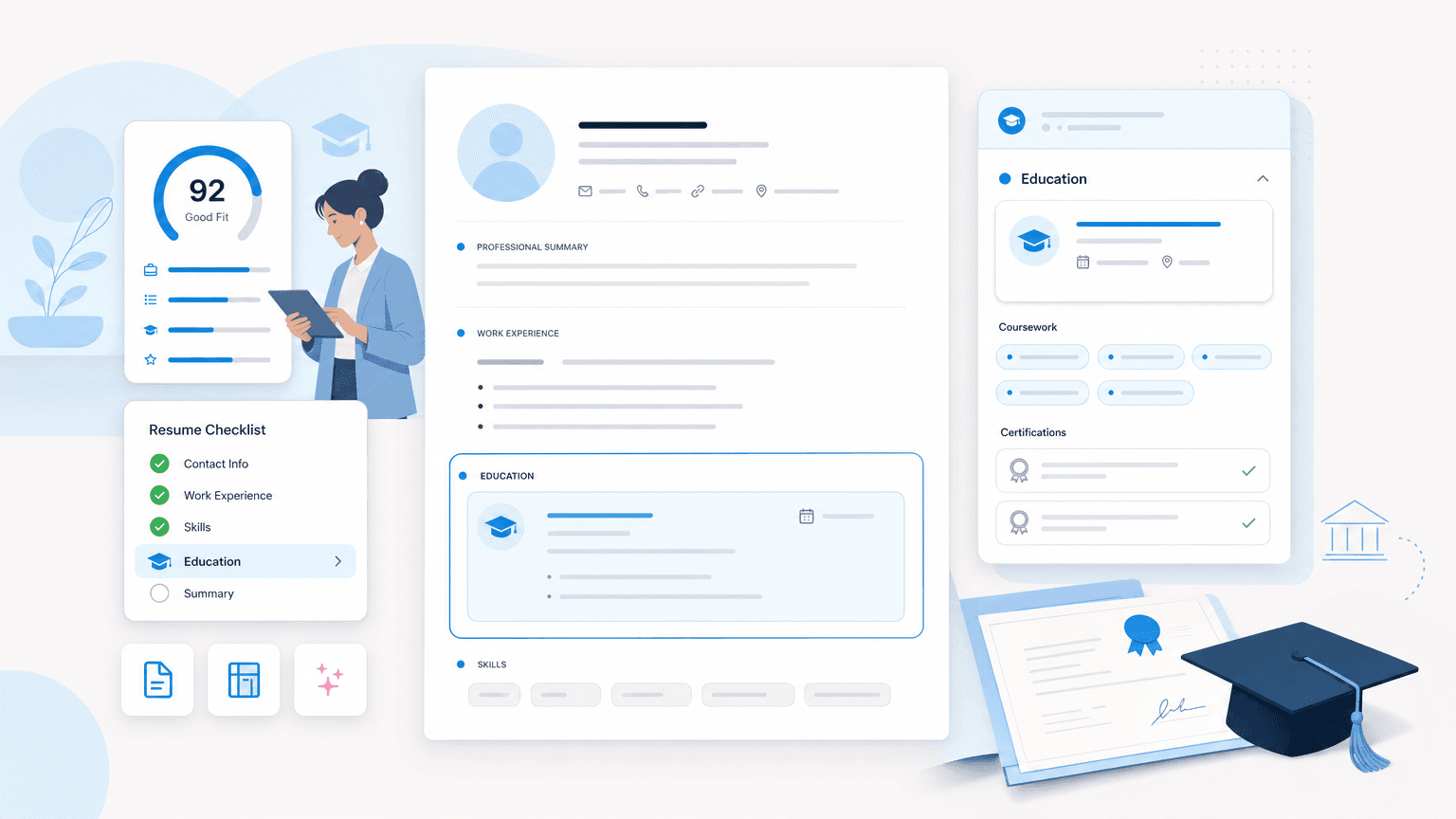 Resume education section highlighted with degree, coursework, certification, and score cards.