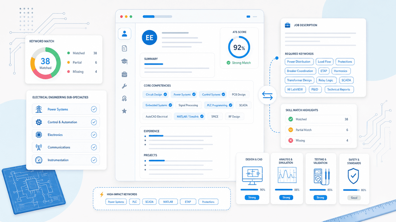 Electrical Engineering Resume Keywords: Full ATS List cover image showing a clean resume dashboard with resume and job-description panels, circuit-skill chips, testing cards, cad/project modules.