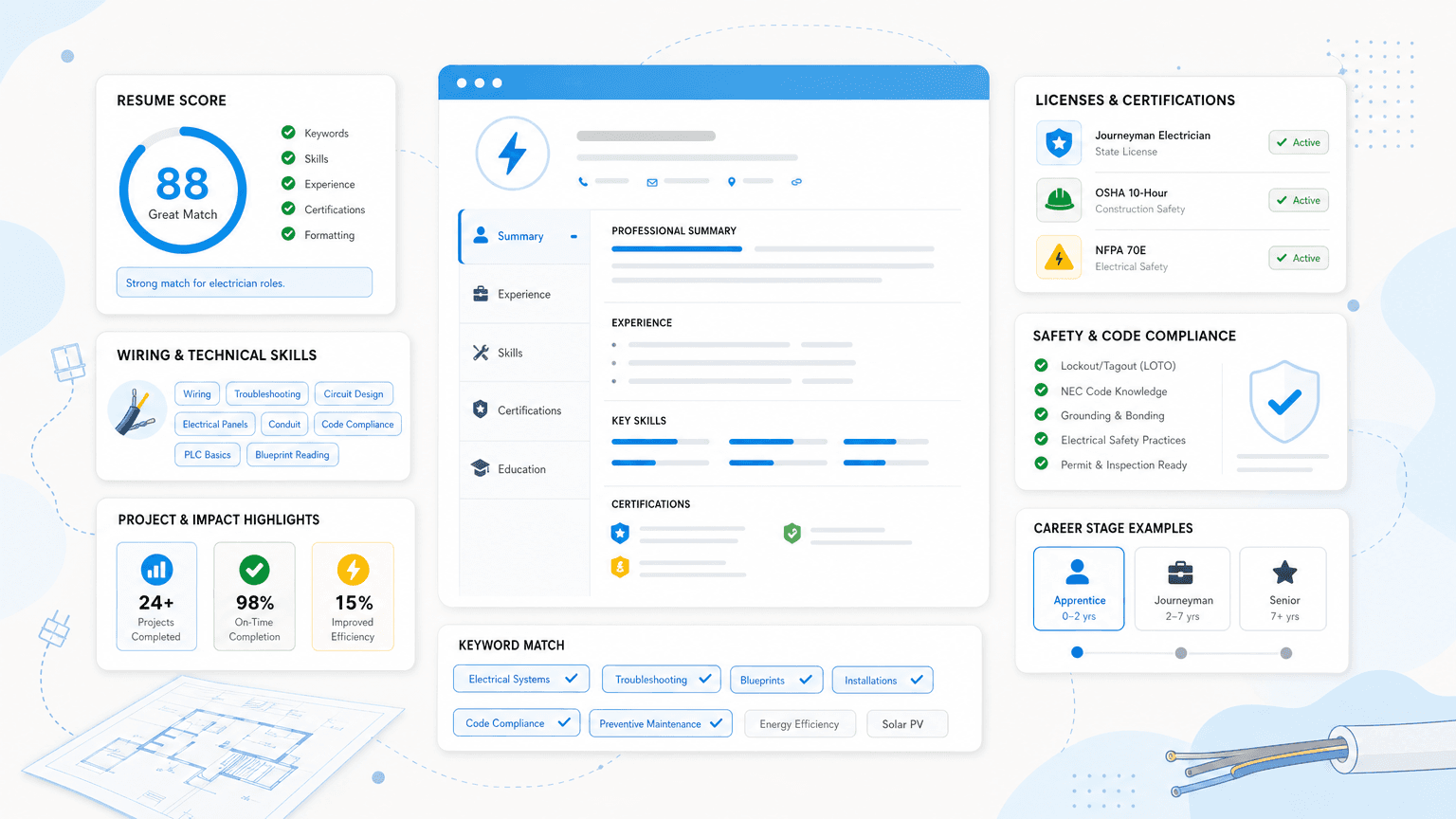 Electrician Resume Examples by Career Stage (2026) cover image showing a clean resume dashboard with apprenticeship/license cards, safety checklist, wiring skills chips, project completion metrics.
