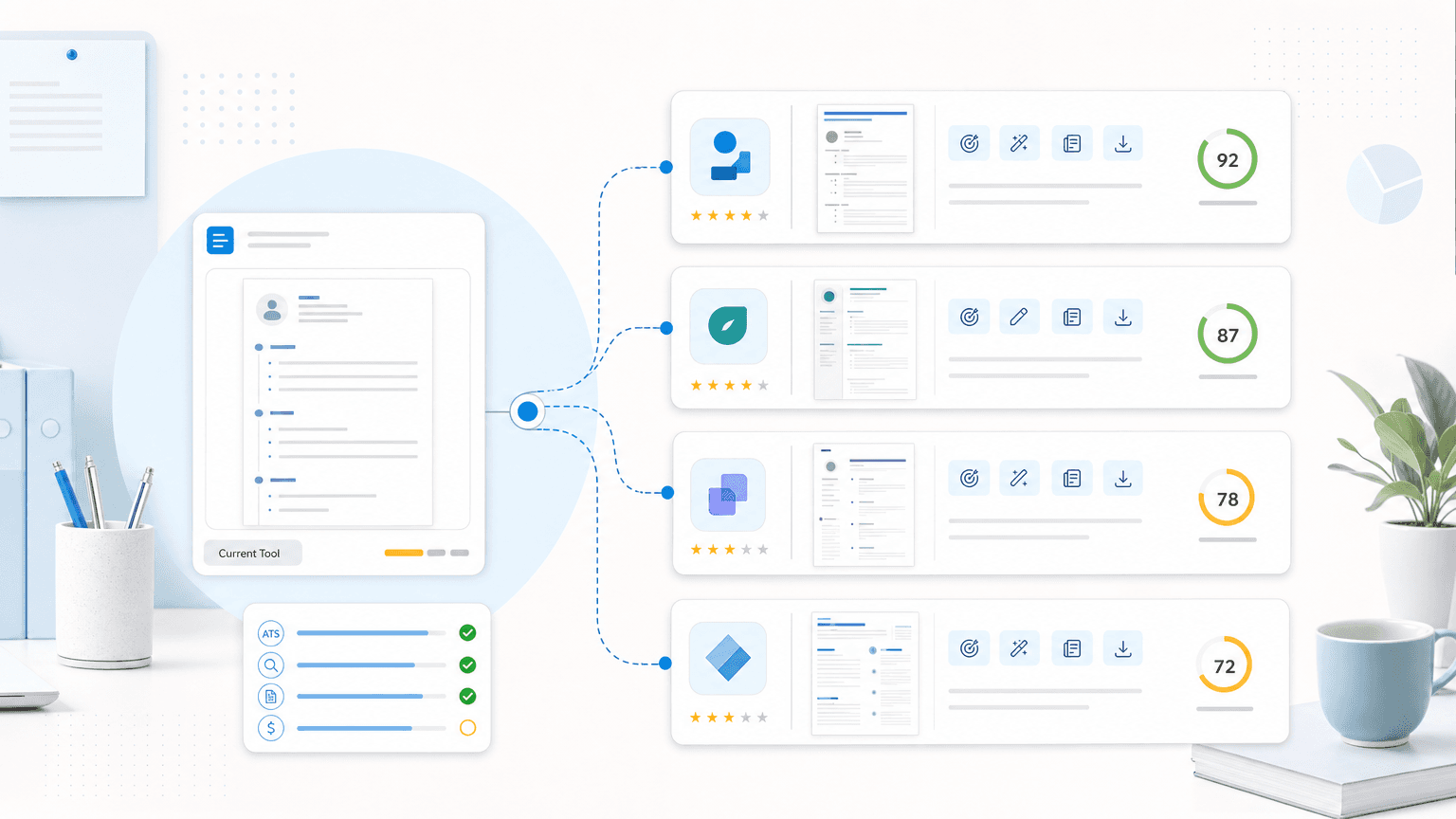 A resume-builder comparison dashboard showing a current tool branching into alternative resume tool cards with scores, resume previews, and feature chips.