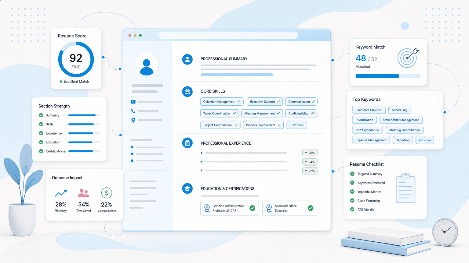 Executive Assistant Resume Keywords: The Full 2026 List cover image showing a clean resume dashboard with certification cards, skills chips, outcome metrics, checklist modules.