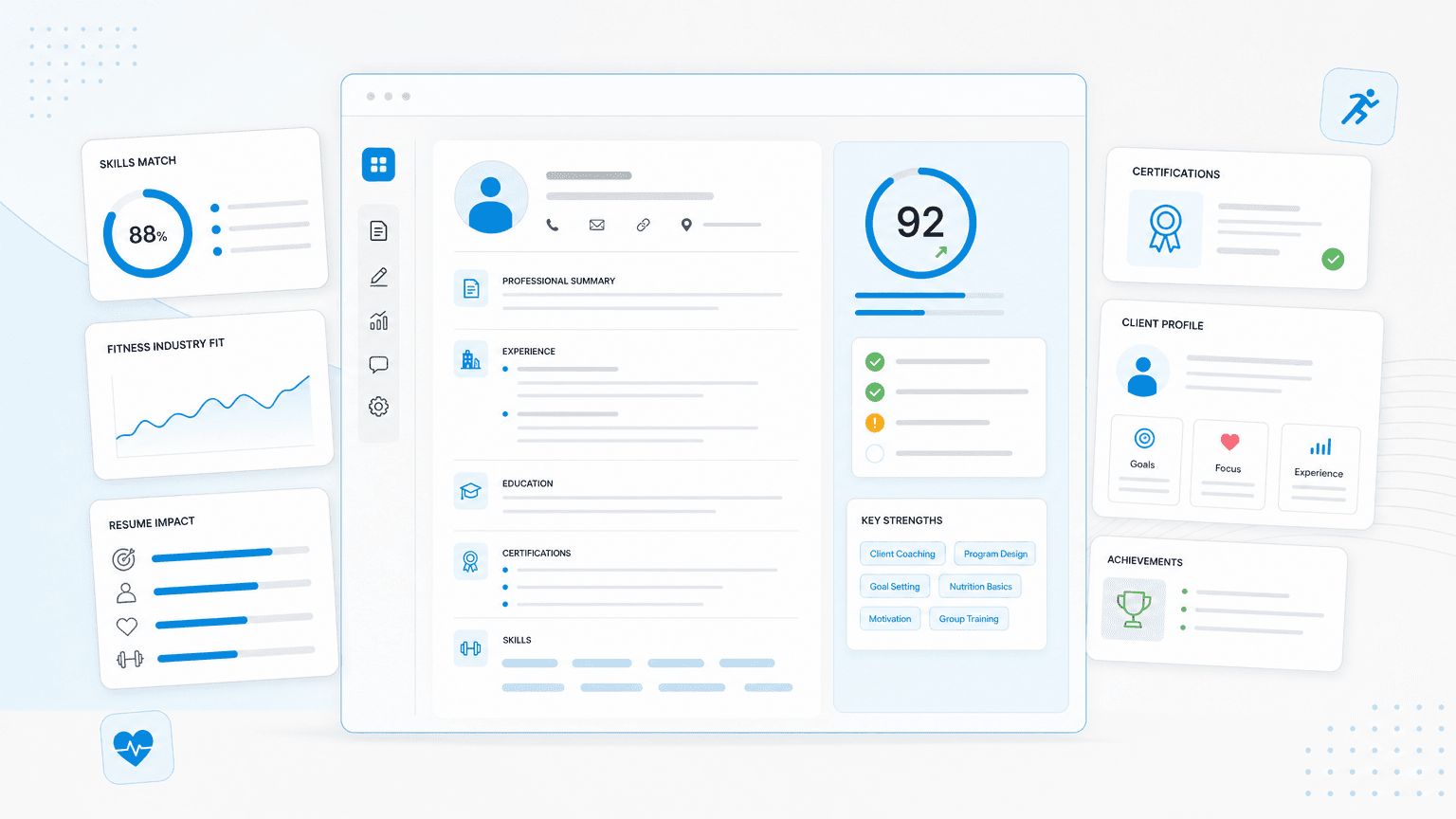 A fitness expert resume dashboard showing skills match, certifications, client profile, strengths, and resume impact cards.