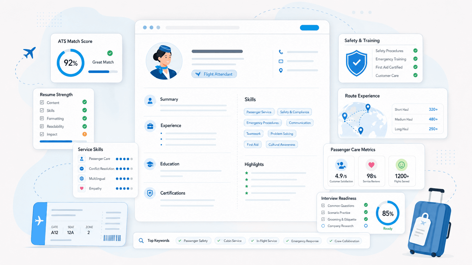 Flight Attendant (Stewardess) Resume: How to Get Hired cover image showing a clean resume dashboard with service-skill chips, safety training badge, route-schedule card, passenger-care metrics.