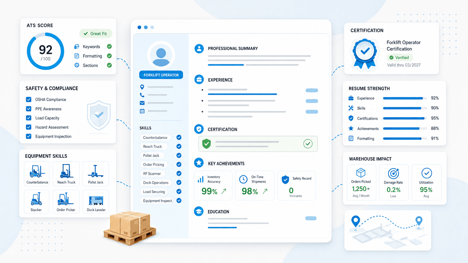 Forklift Operator Resume: How to Write One That Gets Hired cover image showing a clean resume dashboard with certification badge, safety checklist, inventory accuracy cards, equipment skills chips.