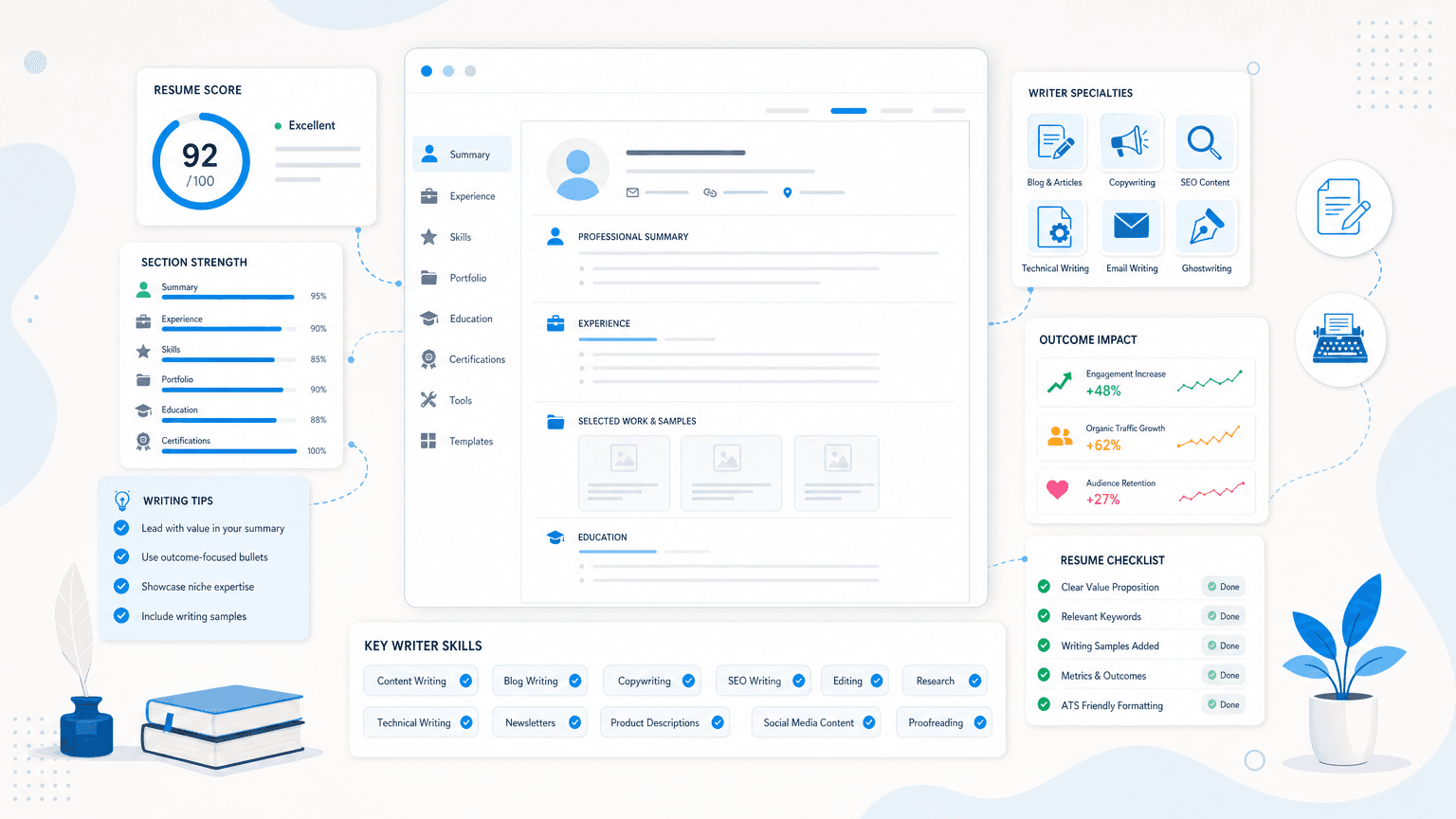 How to Write a Freelance Writer Resume (With Examples) cover image showing a clean resume dashboard with certification cards, skills chips, outcome metrics, checklist modules.