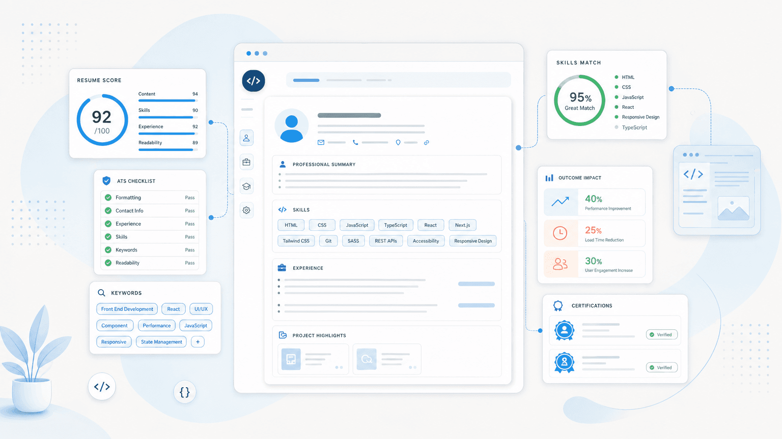 Front End Developer Resume That Gets Interviews cover image showing a clean resume dashboard with certification cards, skills chips, outcome metrics, checklist modules.