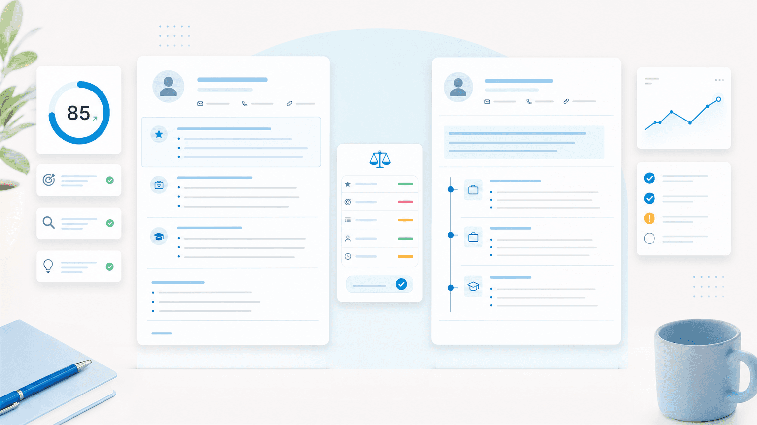 Two resume layouts are compared side by side with section-order indicators and resume scoring cards.