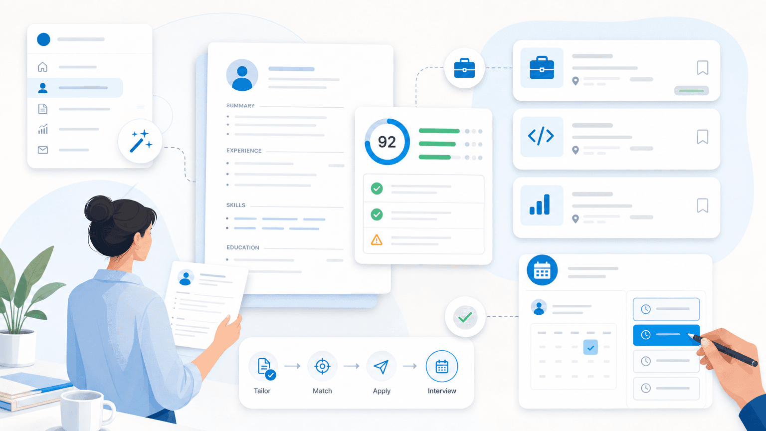 Illustrated job application dashboard showing a resume, AI review score, job pipeline, and interview scheduling workflow.