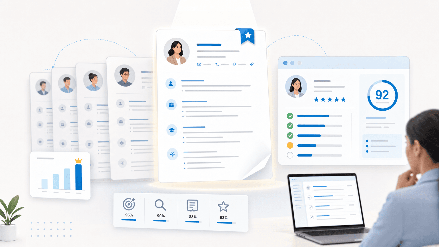 A highlighted resume rises above other applicant profiles beside a recruiter review dashboard and ranking scores.
