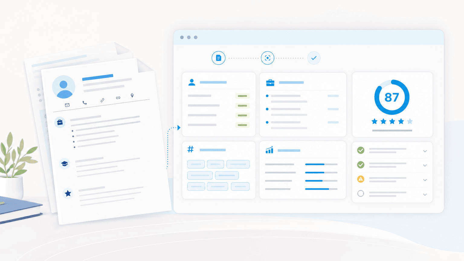 A resume flows into an ATS parser dashboard with extracted skills, experience, keyword, and match score panels.