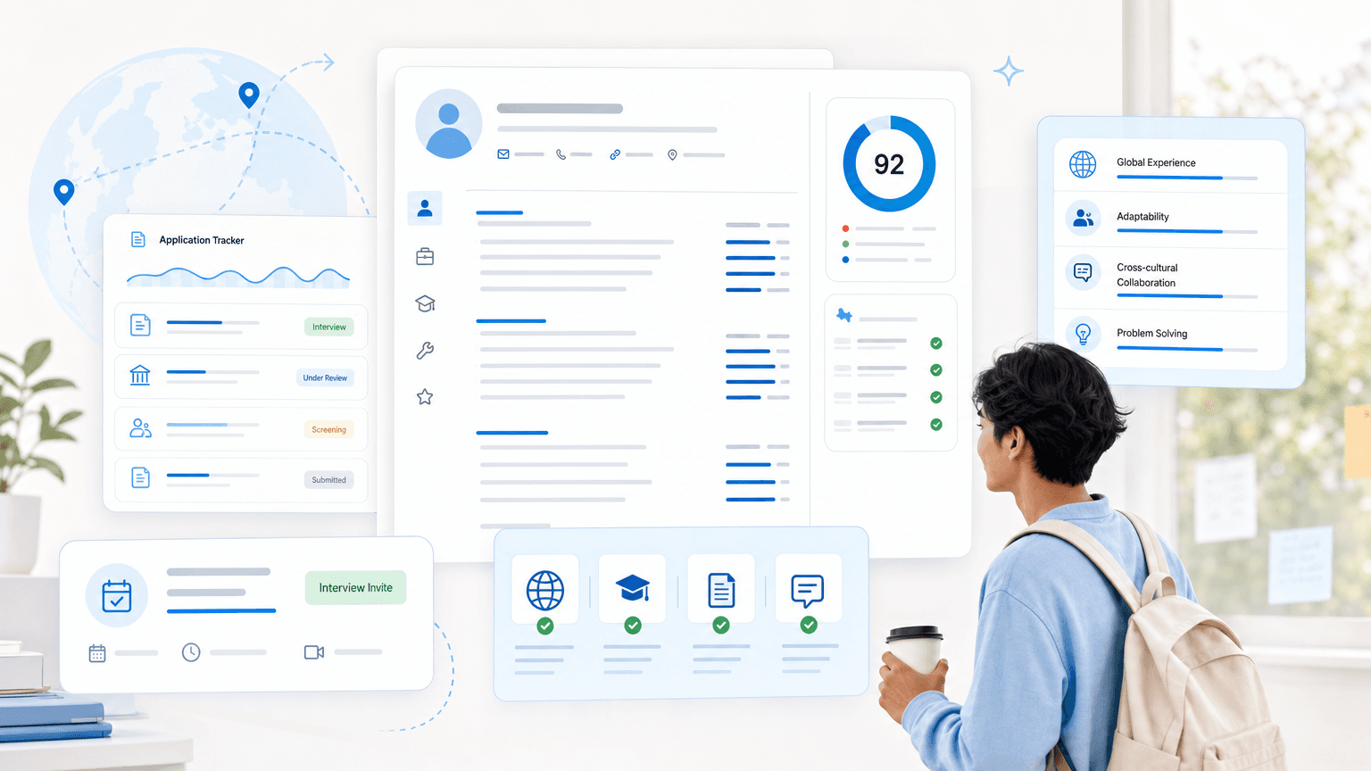 International student reviewing a resume score, application tracker, interview invite, and global skills dashboard.