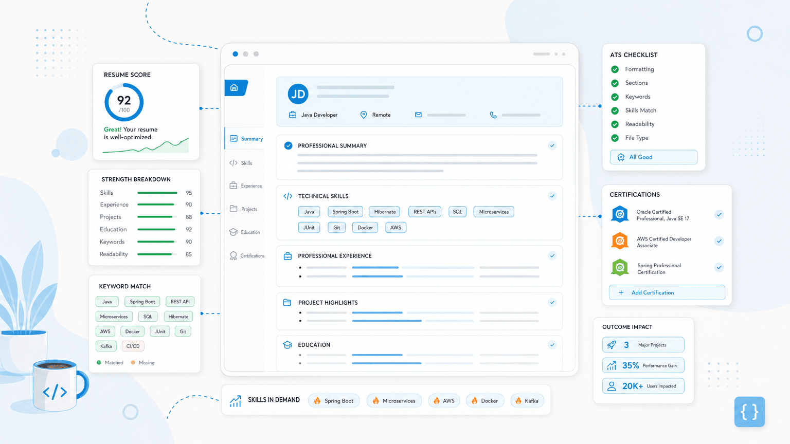 Java Developer Resume: How to Write One That Works cover image showing a clean resume dashboard with certification cards, skills chips, outcome metrics, checklist modules.