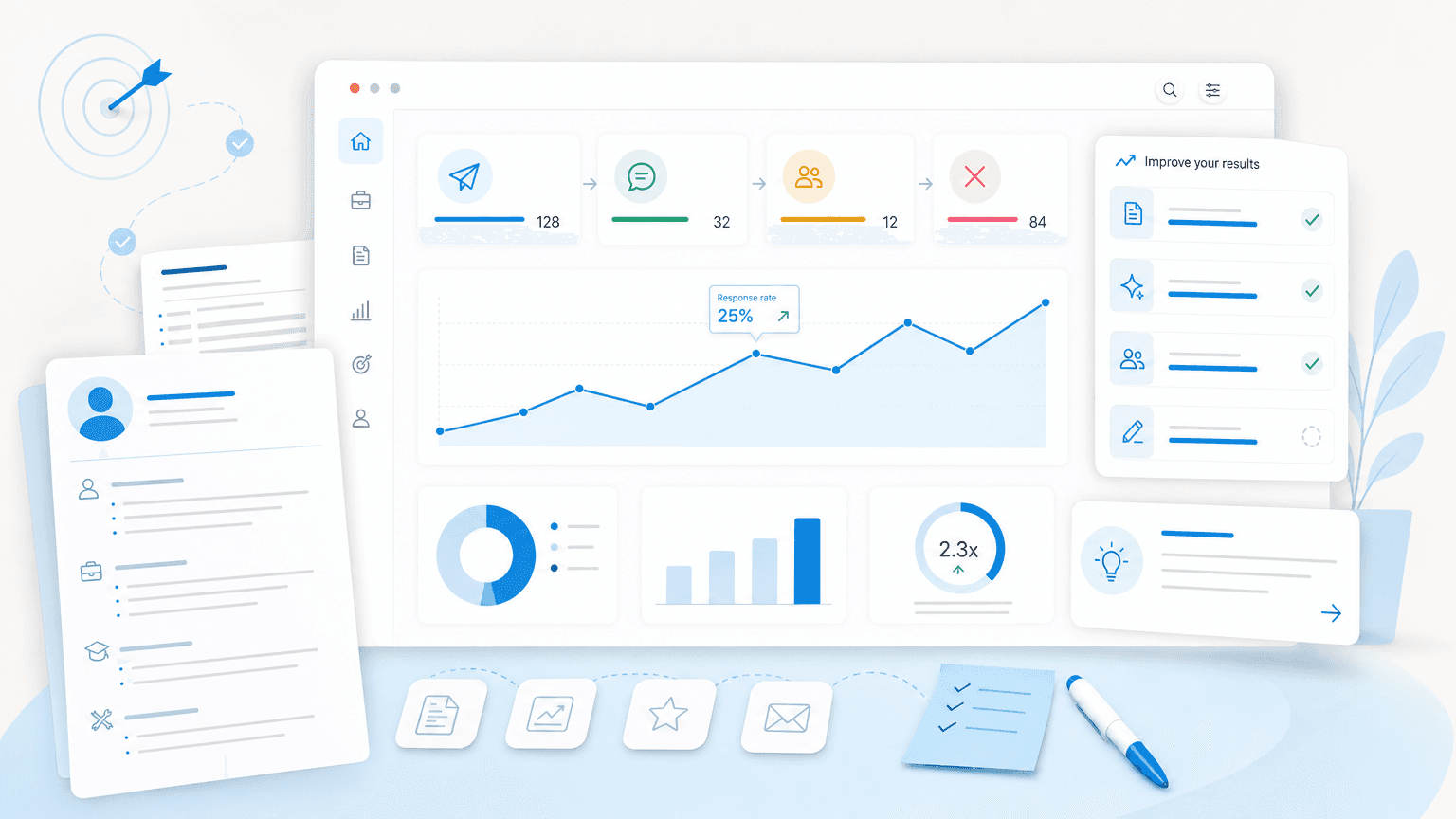 Application response-rate dashboard with pipeline stages, trend chart, and improvement suggestions.