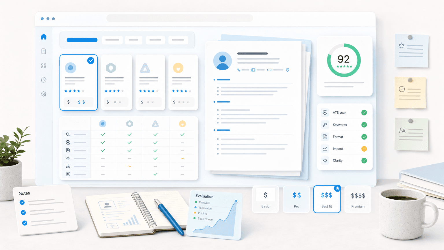 Resume builder alternatives dashboard comparing template cards, pricing options, evaluation notes, and a resume preview.