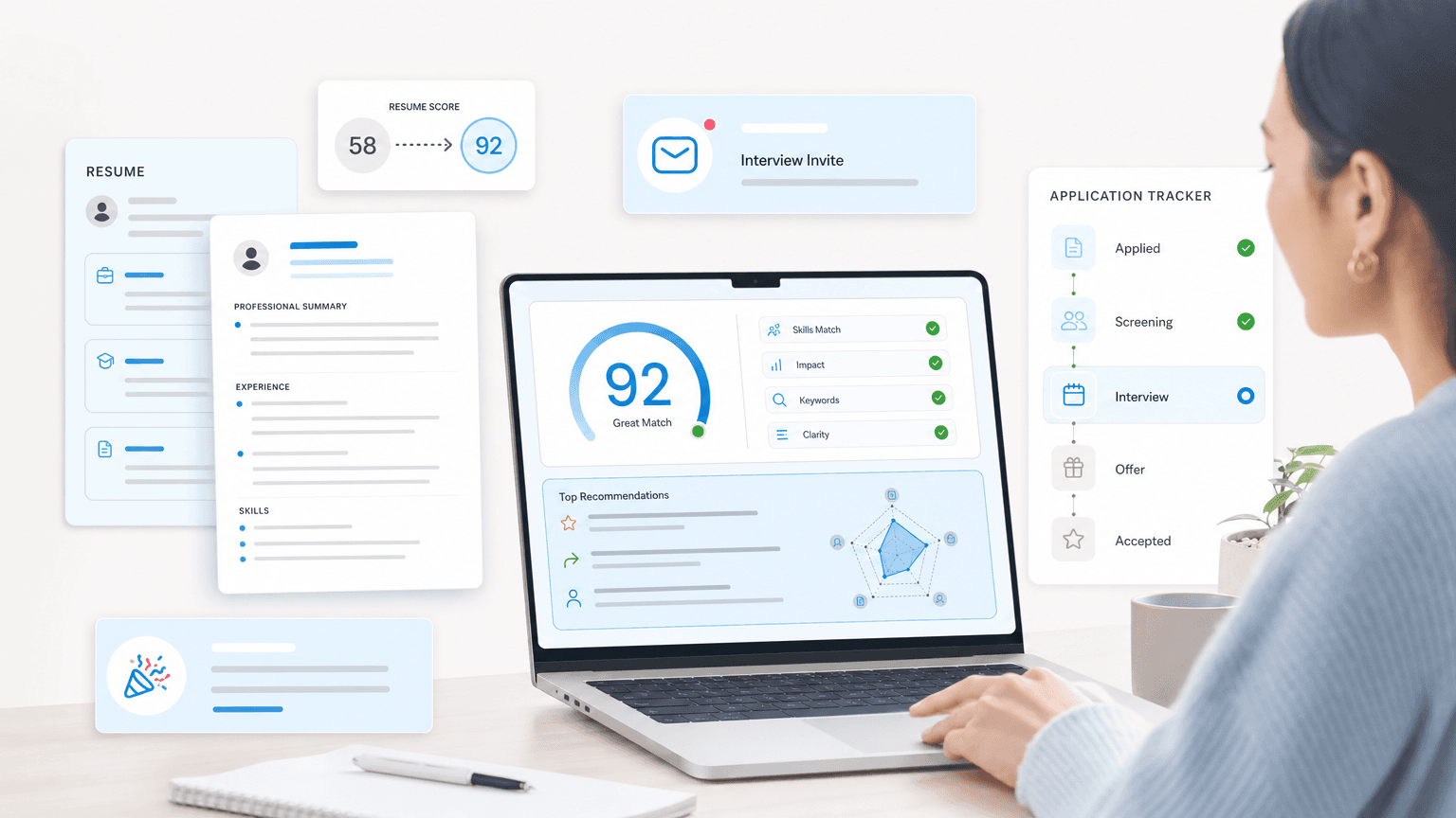 Career dashboard showing a resume score improving to 92, an interview invite, and application progress milestones.