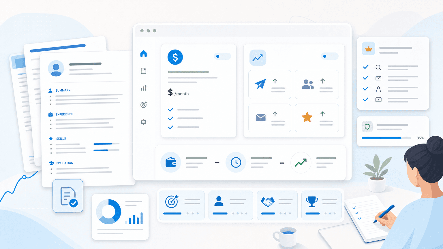 Cost-benefit dashboard comparing a premium job-search subscription with resume and outcome cards.