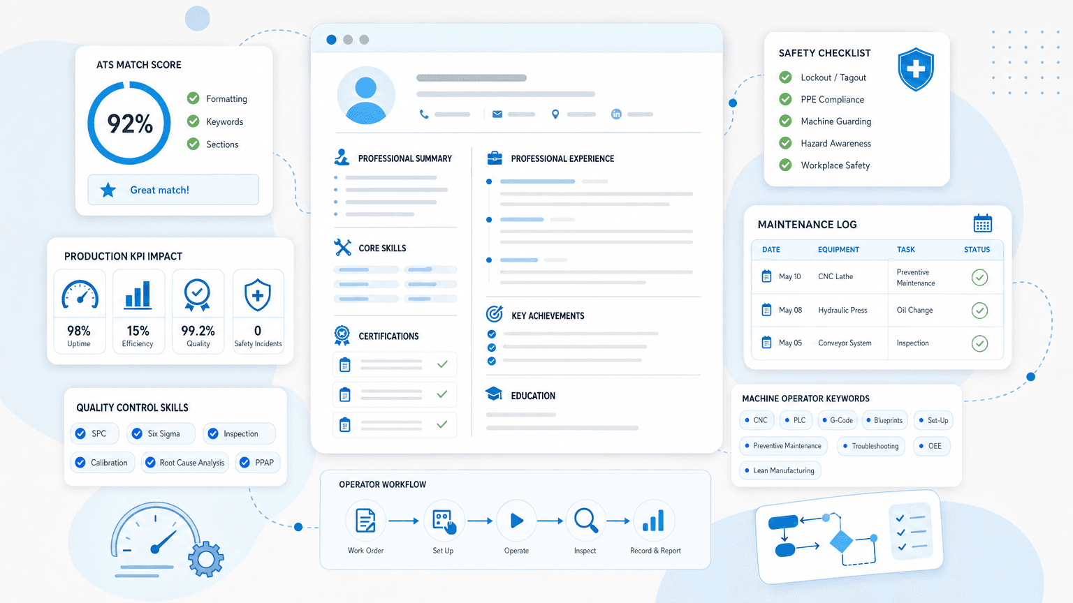 Machine Operator Resume: How to Write One That Gets Hired cover image showing a clean resume dashboard with production kpi cards, safety checklist, quality-control chips, maintenance log module.