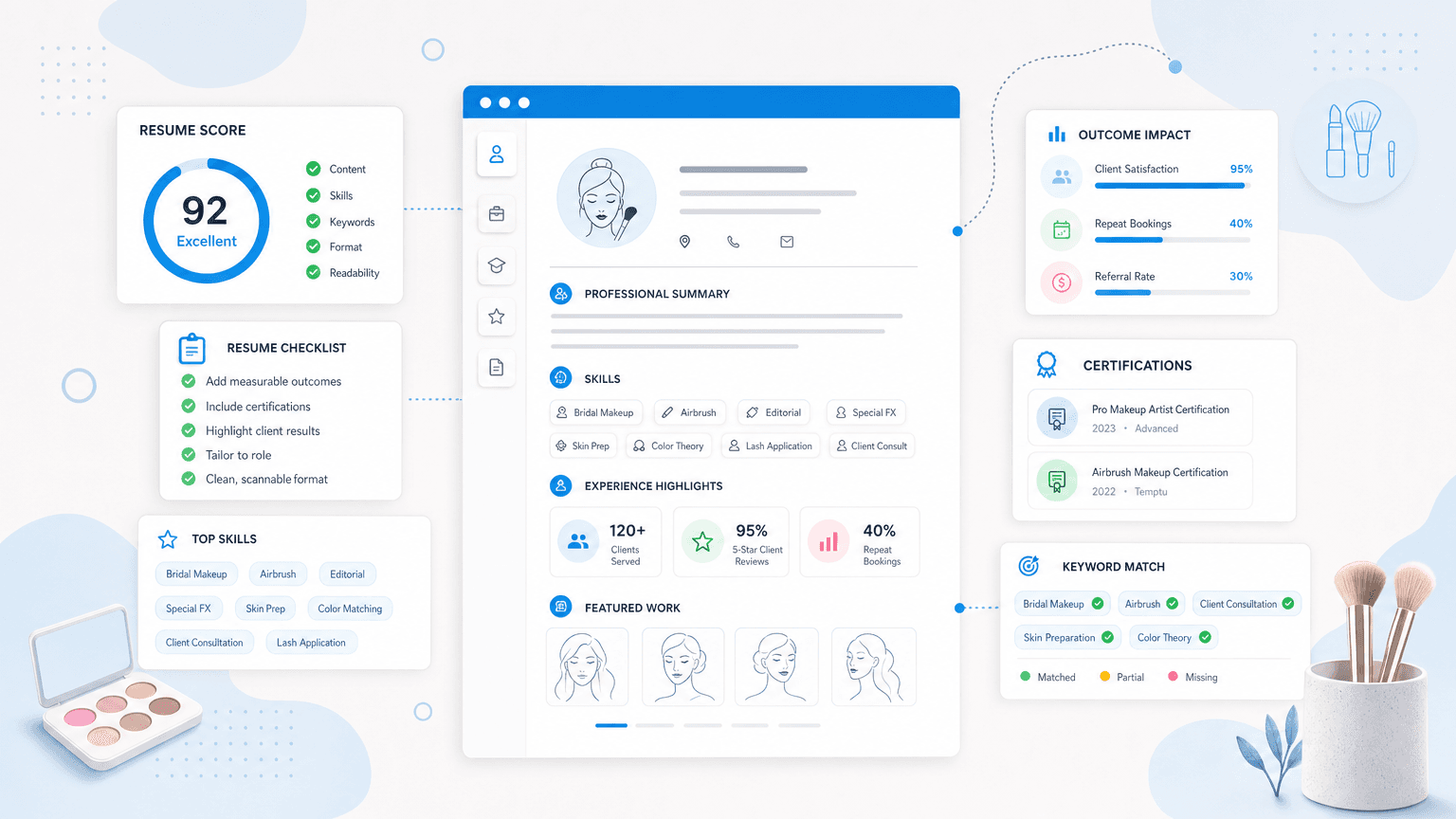 Makeup Artist Resume: How to Write One That Gets Booked cover image showing a clean resume dashboard with certification cards, skills chips, outcome metrics, checklist modules.