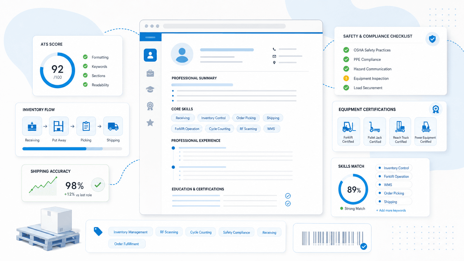 Material Handler Resume: How to Write One That Works cover image showing a clean resume dashboard with inventory flow cards, shipping accuracy metrics, safety checklist, equipment certification chips.