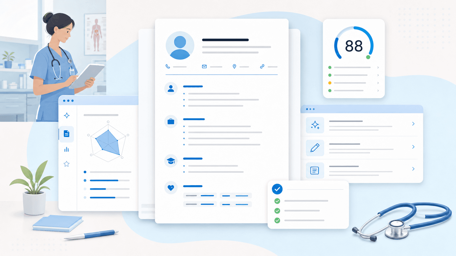 Stylized medical assistant resume dashboard with score cards, checklist panels, and subtle healthcare cues including scrubs and a stethoscope.