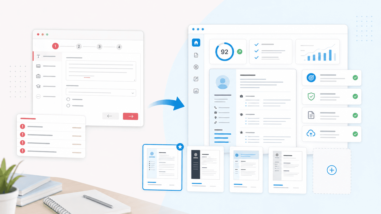 Resume builder workflow moving from an older editor to cleaner resume option cards and scoring panels.