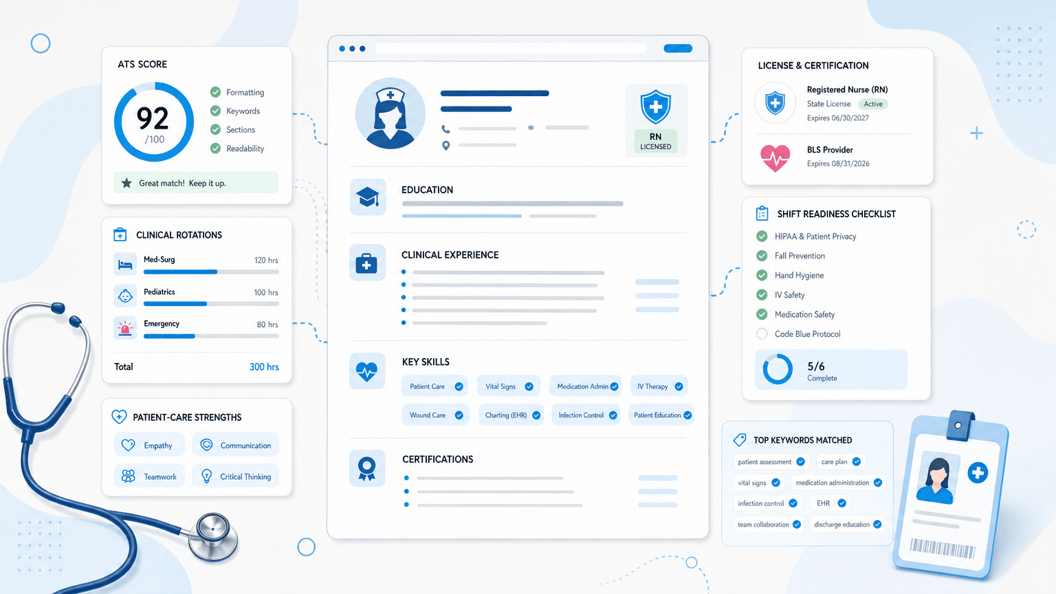 New Grad Nurse Resume: Tips and Examples for 2026 cover image showing a clean resume dashboard with license badge, clinical rotation cards, patient-care skills chips, shift-readiness checklist.