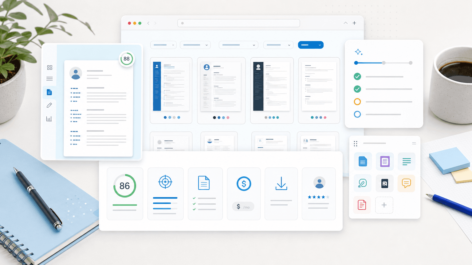 Clean resume builder dashboard with template cards, scoring panels, and feature comparison controls.