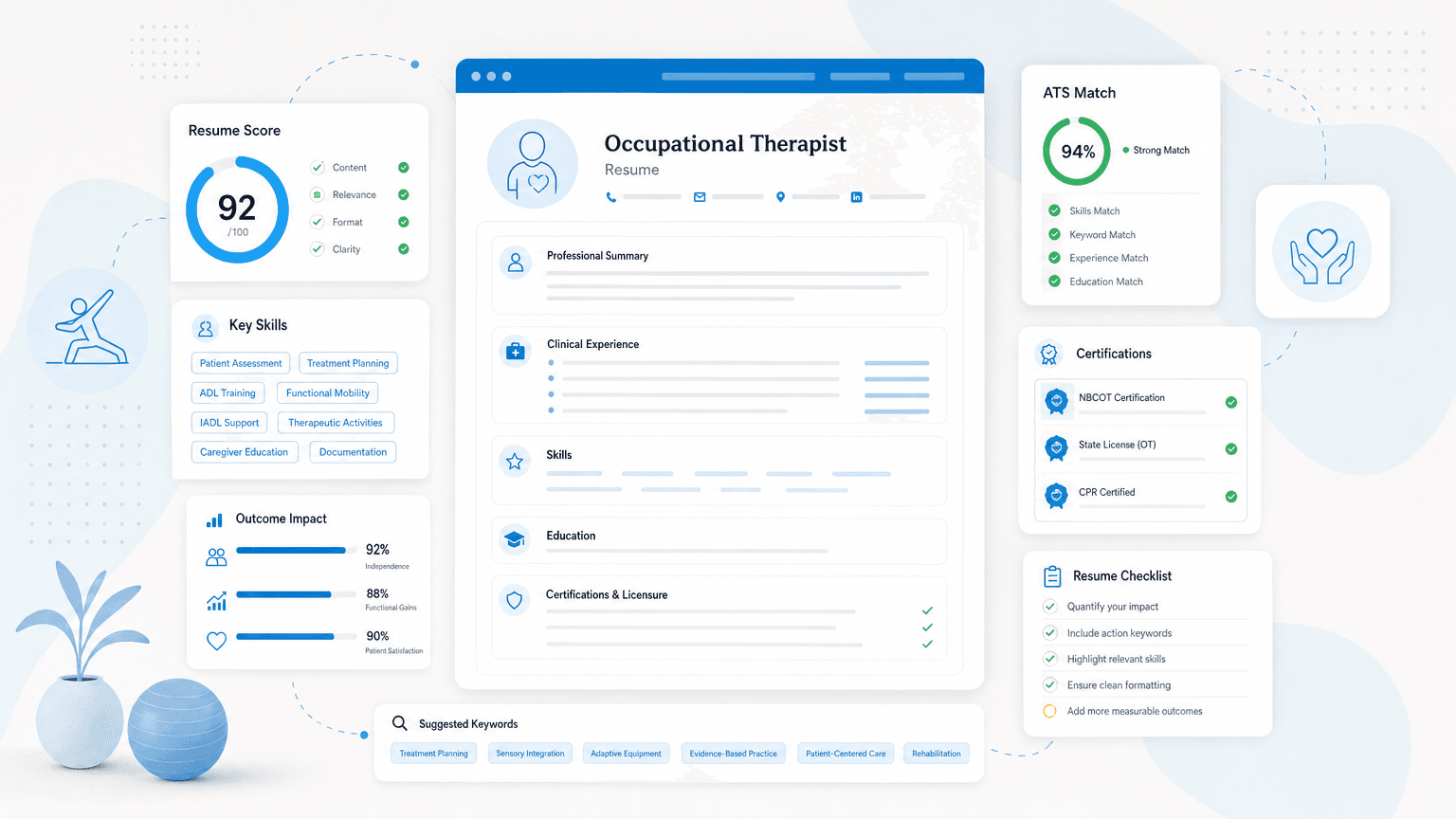 Occupational Therapist Resume Guide + Examples cover image showing a clean resume dashboard with certification cards, skills chips, outcome metrics, checklist modules.
