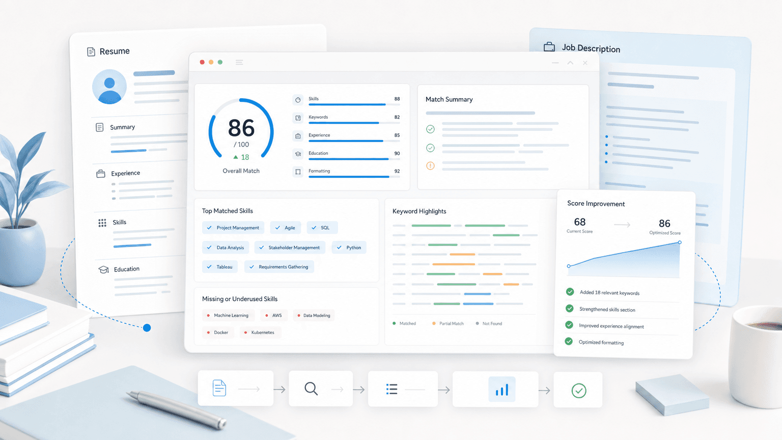 ATS optimization dashboard comparing a resume with a job description, keyword matches, and score improvement.