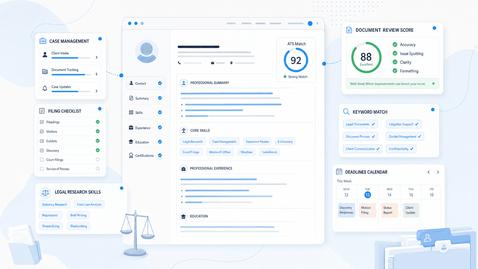 Paralegal Resume Examples & Templates That Get Hired cover image showing a clean resume dashboard with case-management cards, filing checklist, research skill chips, deadline calendar.